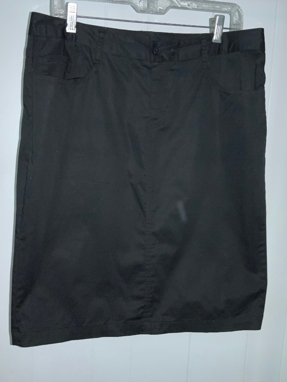 Norma Kamali straight black cotton blend skirt Sz 12 front zip 5 pocket style
